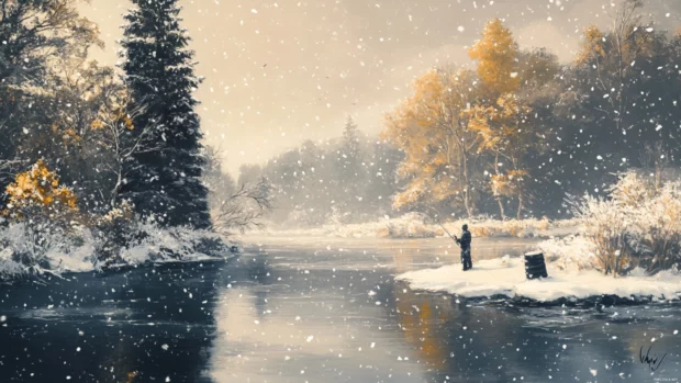 A fishing scene set in a quiet winter landscape with snow gently falling.