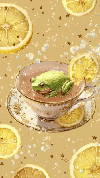 A flat Frog Phone Wallpaper with a frog curled up in a teacup beside lemon slices and tiny stars.