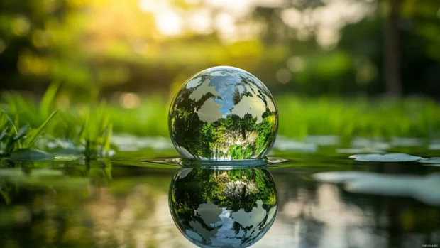 A floating glass globe of Earth with nature reflections on its surface.