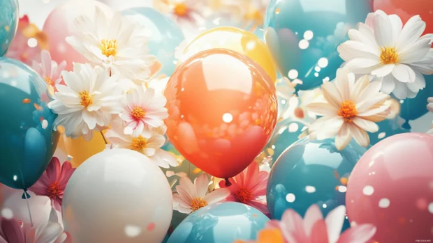 A floral birthday balloon wallpaper where blossoms and balloons blend into a cheerful design.
