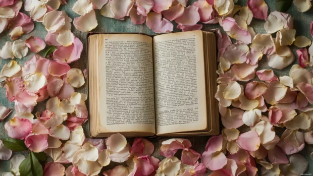A floral flat lay scene where soft petals surround a favorite novel, embodying a book lover wallpaper with flowers.