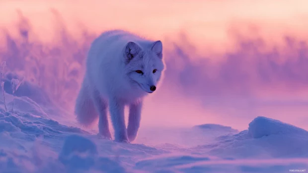 A fluffy Arctic Fox walking through deep powder snow under a pastel sunset sky, serene and peaceful atmosphere.