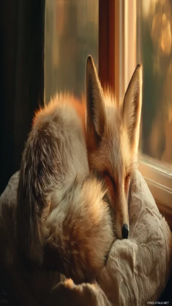 A fluffy Cute Fox curled up on a velvet pillow by the window, warm sunset light, cozy and serene composition.