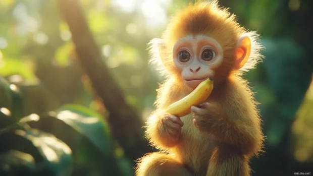 A fluffy cute monkey holding a small banana and looking curious in a sunny forest.