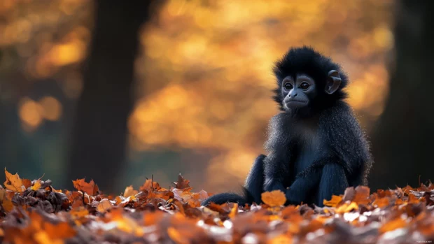 A fluffy monkey sitting among a bed of autumn leaves in the woods.