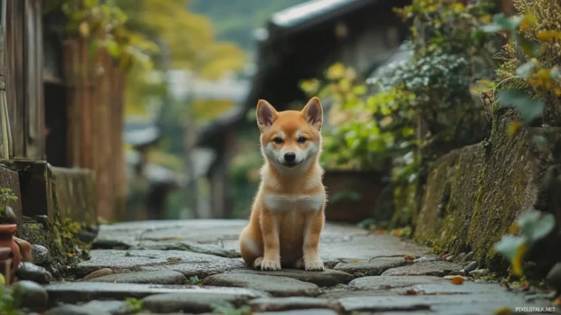 A fluffy shiba inu puppy sitting on an old stone path in a quiet anime village in Japan.