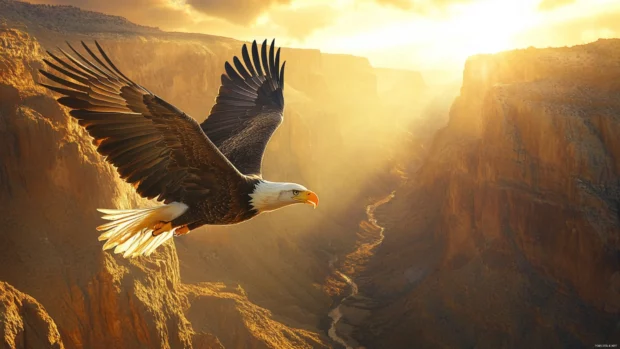 A flying bald eagle wallpaper as the bird stretches its wings above a canyon, framed by sunlight.