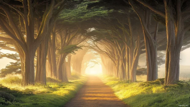 A foggy forest path lined with tall ancient trees and soft light filtering through.