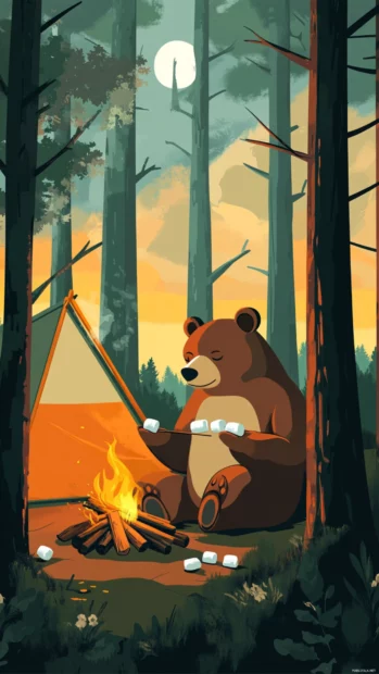A forest campsite at dusk with Cute Bear roasting marshmallows.