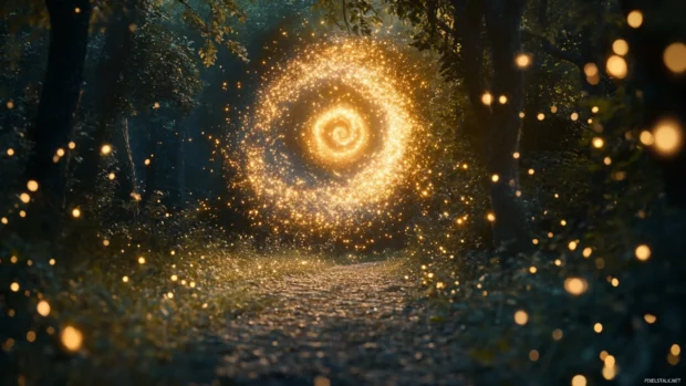 A forest clearing opens to a magical scene where tiny fireflies dance under the soft glow of a spiral galaxy.
