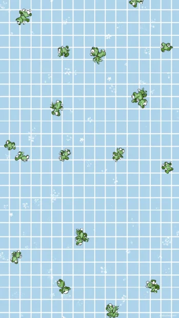 A frog minimalist pattern wallpaper where tiny cartoon frogs hop across pale blue tiles for playful yet calm effect.
