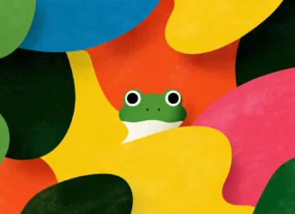A froggy background hd design featuring minimalist flat illustration of a frog peeking through abstract leaf shapes.