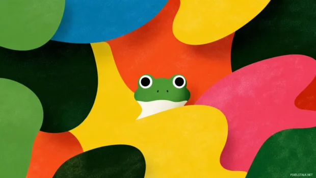 A froggy background hd design featuring minimalist flat illustration of a frog peeking through abstract leaf shapes.