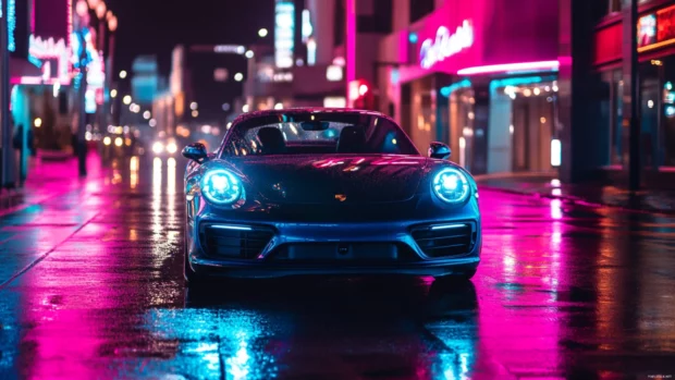 A front angle of Porsche parked on a sleek urban street with neon reflections shimmering on the wet pavement.