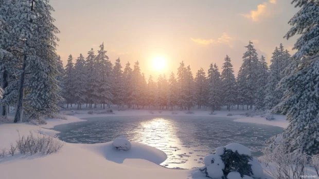 A frozen lake surrounded by snow covered pines under a pale winter sun.