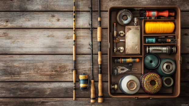 A full tackle box next to a fishing rod laid on a vintage wooden deck.