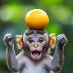 A funny monkey balancing a fruiton its head while making silly faces.