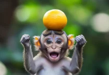 A funny monkey balancing a fruiton its head while making silly faces.
