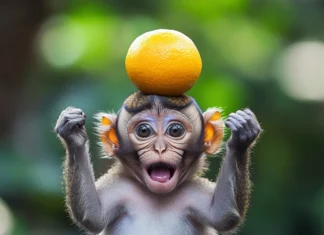 A funny monkey balancing a fruiton its head while making silly faces.