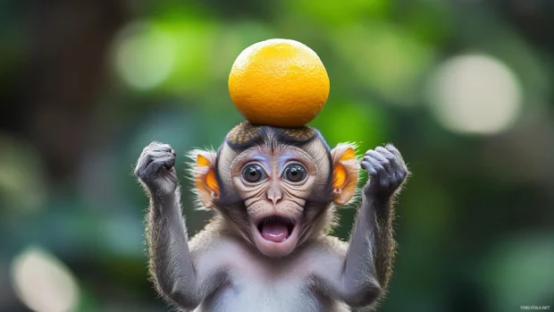 A funny monkey balancing a fruiton its head while making silly faces.