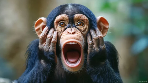 A funny monkey dramatically overreacting with its hands on its cheeks.
