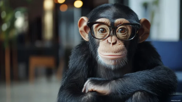 A funny monkey pretending to be serious but clearly trying not to laugh.