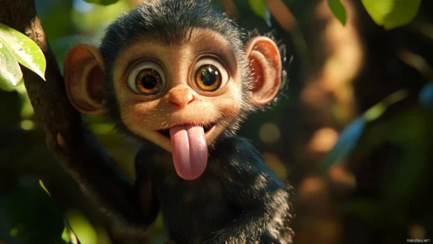 A funny monkey sticking out its tongue with big wide eyes looking silly.