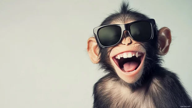 A funny monkey wallpaper featuring a laughing monkey wearing sunglasses for a cool effect.
