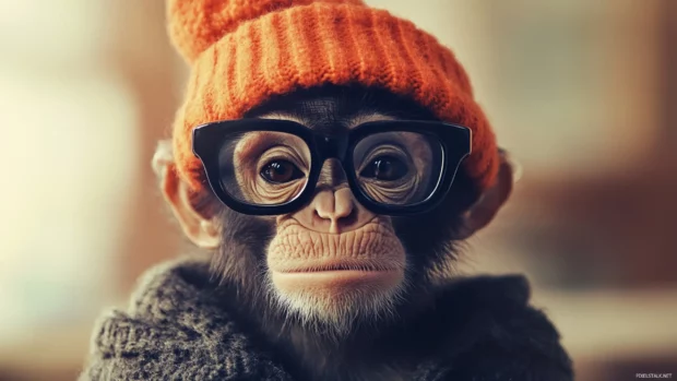 A funny monkey wallpaper where a monkey wears a funny hat and oversized glasses, looking goofy.