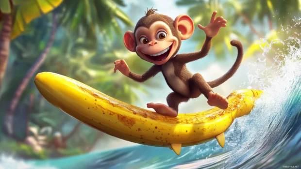 A funny monkey wallpaper with a cartoon monkey riding a banana like a surfboard in a playful style.