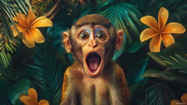 A funny monkey wallpaper with a surprised monkey face paired with tropical background vibes.