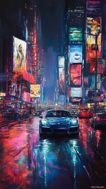 A futuristic cityscape where Porsche glides past holographic billboards and neon lights.