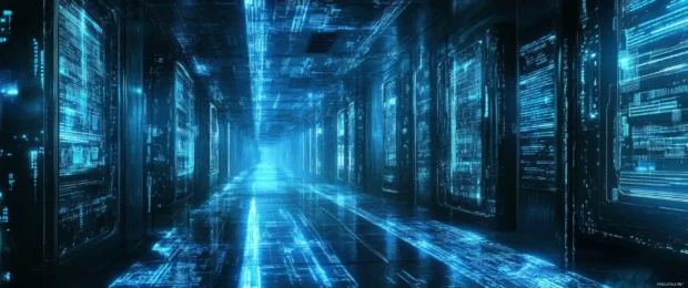 A futuristic cyberpunk alleyway glowing with holograms in detailed 3440x1440 resolution.