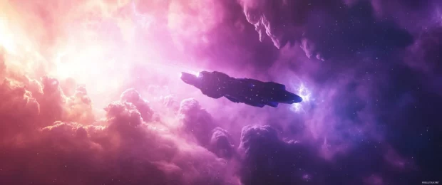 A futuristic spaceship soaring through a nebula portrayed in breathtaking 3440x1440 resolution.