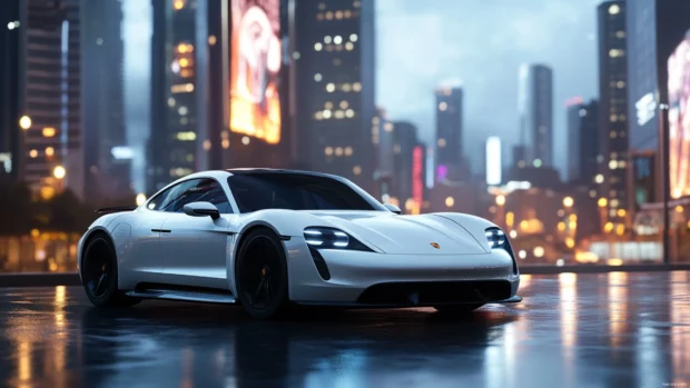 A futuristic urban setting where Porsche glows under holographic billboards and city lights.