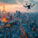 A futuristic view of Tokyo with high tech skyscrapers and flying vehicles.