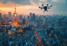 A futuristic view of Tokyo with high tech skyscrapers and flying vehicles.