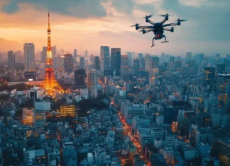 A futuristic view of Tokyo with high tech skyscrapers and flying vehicles.