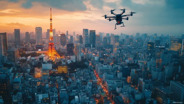 A futuristic view of Tokyo with high tech skyscrapers and flying vehicles.