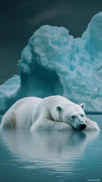 A gentle Polar Bear resting under pale twilight in a vertical polar scene.