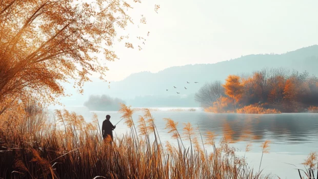 A gentle breeze moving reeds near a lake where someone is quietly fishing.