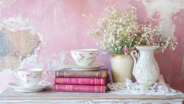 A gentle morning scene showing pink book aesthetic wallpaper with delicate lace and floral teacups.