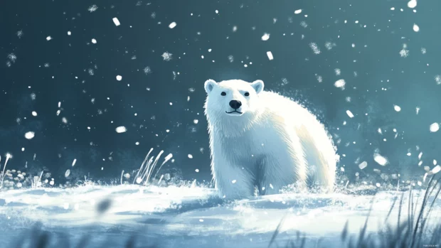 A gentle polar bear winter wallpaper showing a polar bear surrounded by softly falling snow.