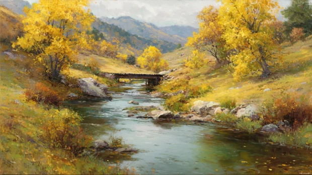 A gentle stream flowing through a vibrant fall landscape filled with golden leaves, rustic bridges, and soft hills.