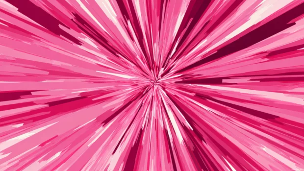 A geometric burst in vivid pink featuring radial symmetry and sharp structures.
