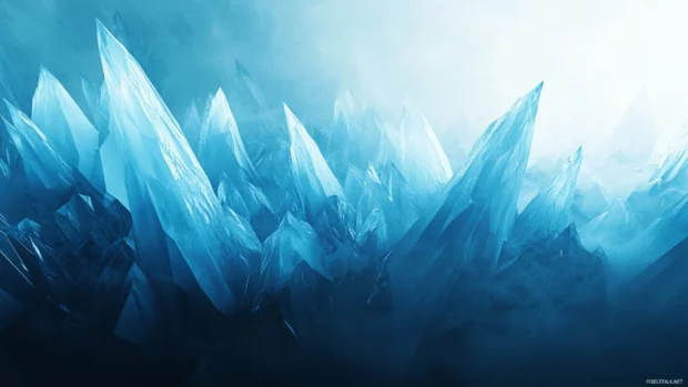 A glacier landscape with sharp icy peaks reflecting pale blue light.