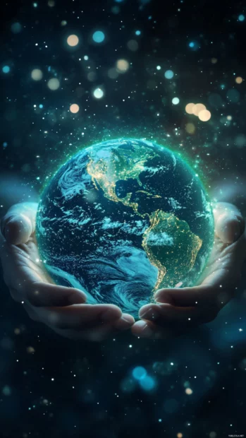 A glowing Earth held in hands made of stars, magical background.