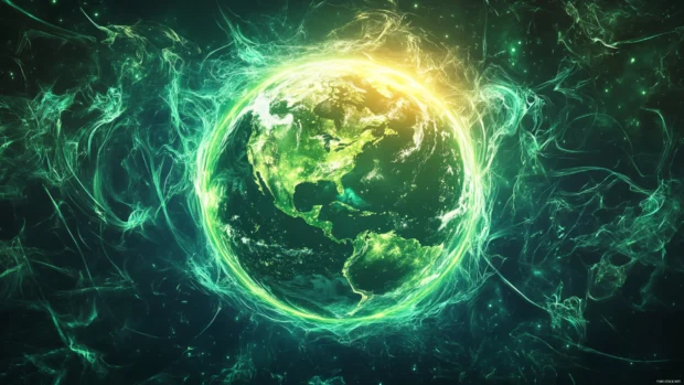 A glowing Earth surrounded by protective green energy patterns.