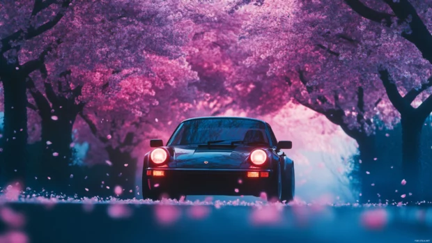 A glowing Porsche silhouette under cherry blossom trees with petals drifting gently.