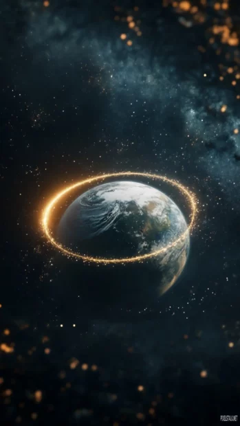 A glowing ring of stars slowly orbiting a serene image of Earth.